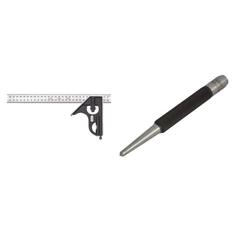 Starrett 11MH-300 Cast Iron Square Head With Regular Blade Combination Square, Black Wrinkle Finish, 300 mm Size & 117D Centre Punch with Round Shank