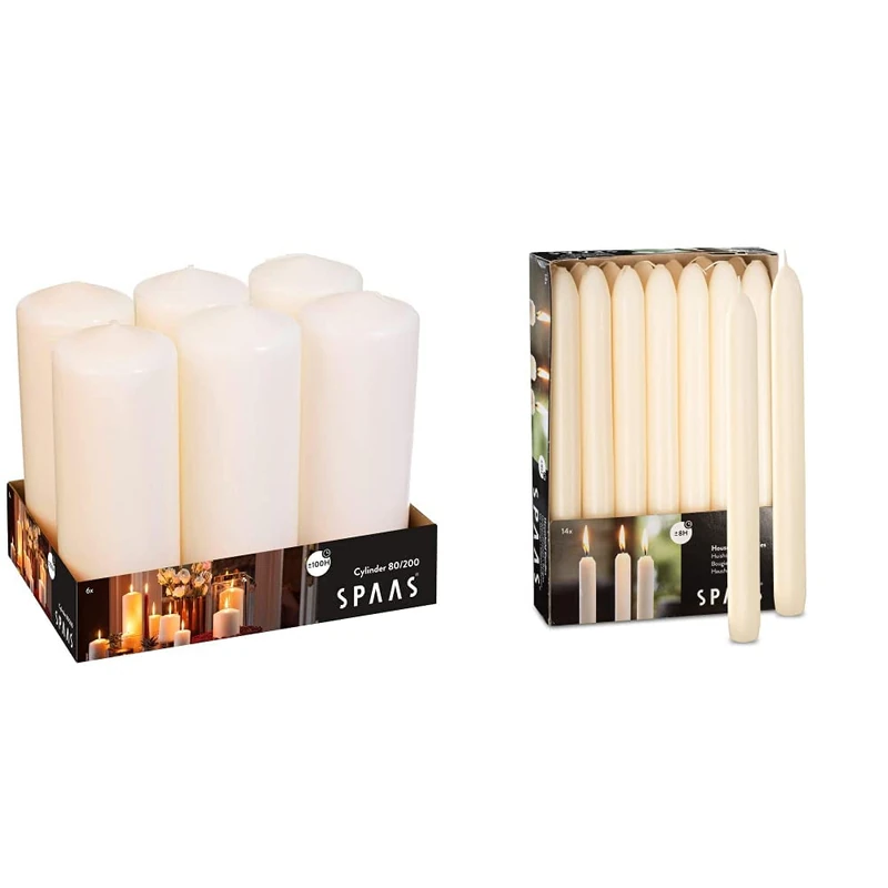 Spaas 6 Unscented Pillar Candle 80/200 mm, ± 100 Hours, Ivory & 14 Tapered Dinner Candles 21/220 mm, ± 8 Hours, Unscented, Ivory