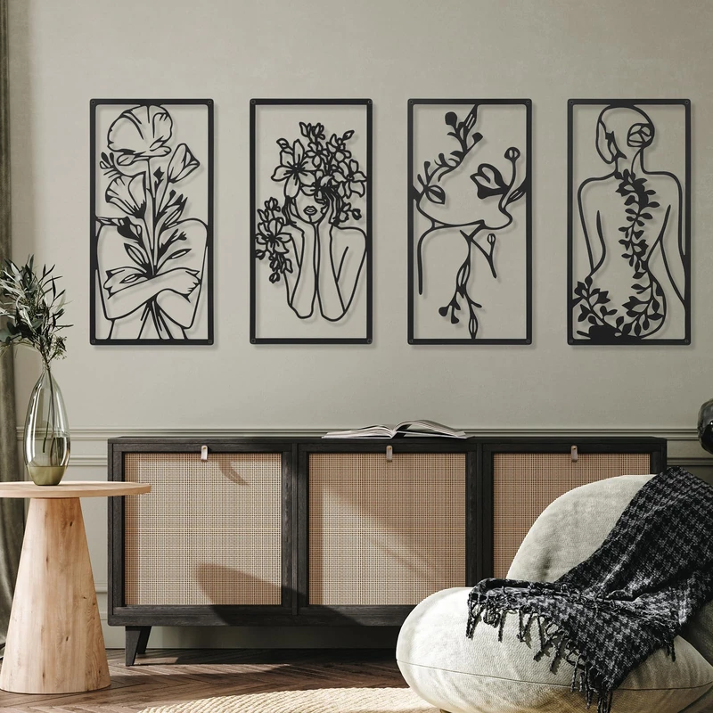 4 Pcs Metal Minimalist Abstract Woman Wall Art Line Drawing Wall Art Decor 17 Inch Minimalist Single Line Art Female Home Hanging Wall Art Decor for Bedroom Kitchen Bathroom Living Room (Black)
