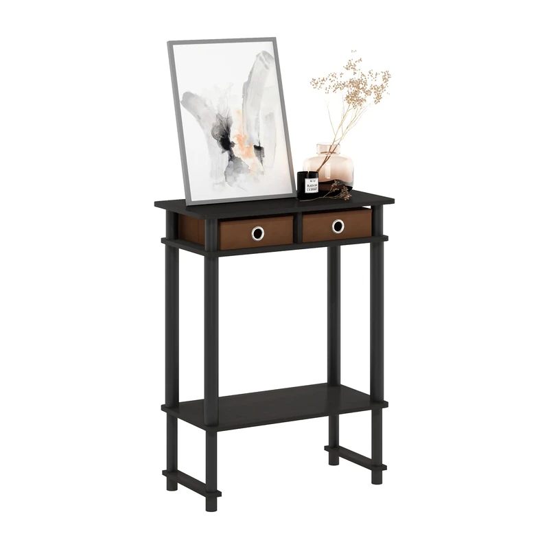 Furinno TURN-N-TUBE Side Table, 2-Tier Tall Wide Console Table, Open Shelf End Table, Night Stand, Bedside Table, Console Table, for Living Room, Bedroom, Espresso