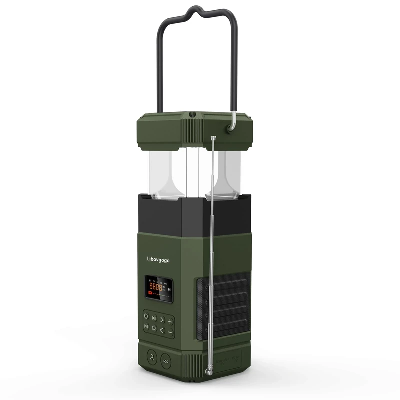 Libovgogo Rechargeable LED Camping Lamp, 3 Light Modes, IP65 Waterproof Bluetooth Speaker, 5000 mAh AM FM Crank Radio with Mobile Phone Charging Function, Solar, Torch, Strobe Light, SOS Alarm - Image 1