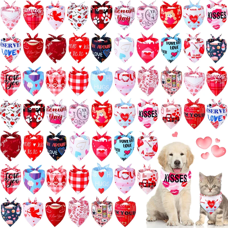 60 Pcs Valentine's Day Dog Bandanas Bulk Heart Pet Bandanas Adjustable Dog Bibs Triangle Dog Scarf Holiday Pet Costume for Small Medium Pet Dog (Heart Pattern) - Image 1