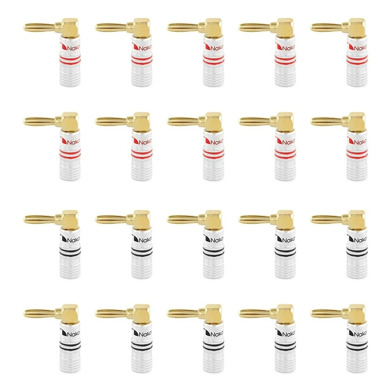 Nakamichi Excel Series 24k Gold Plated Banana Plug 12 AWG - 18 AWG Gauge Size 4mm Speakers Amplifier Hi-Fi AV Stereo Home Theatre Audio Wire Cable Screw Connector 20 Pcs (10-Pairs) Right Angle Plug