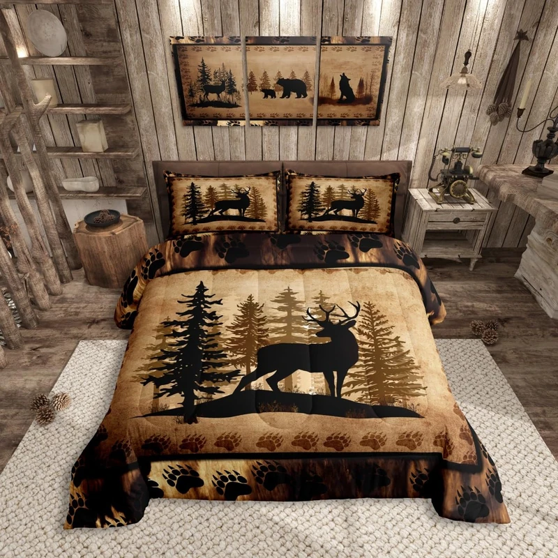 Feelyou Cute Deer Comforter Set for Girls Boys Kids Deer Hunting Bedding Set Room Decorative Bear Paw Print Tree Pattern Bedding Set Exotic Style Brown Duvet Set Queen Size 3Pcs Quilt Set