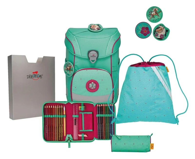 DerDieDas ErgoFlex Easy Set of 5, Lightweight School Bag for Primary School - Sturdy, Safe & Ergonomic, Height Adjustable, Approx. 22.5 L Volume, Approx. 950 g Weight, Peppermint Pony, 27 x 40 x 18 cm