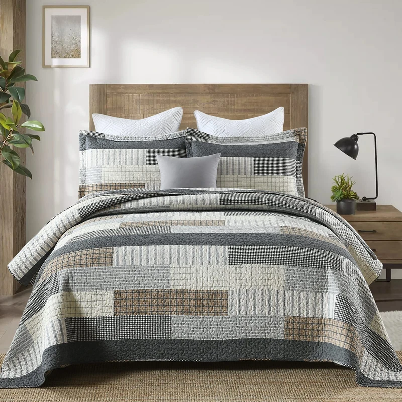 DUOHONG Quilts Queen Size, Queen Quilt Bedding Set Bedspread, 100% Cotton Patchwork Quilt for Queen Bed, 3 Pieces Plaid Farmhouse Reversible Lightweight Comforter Bed Spread, Grey/Tan/Black