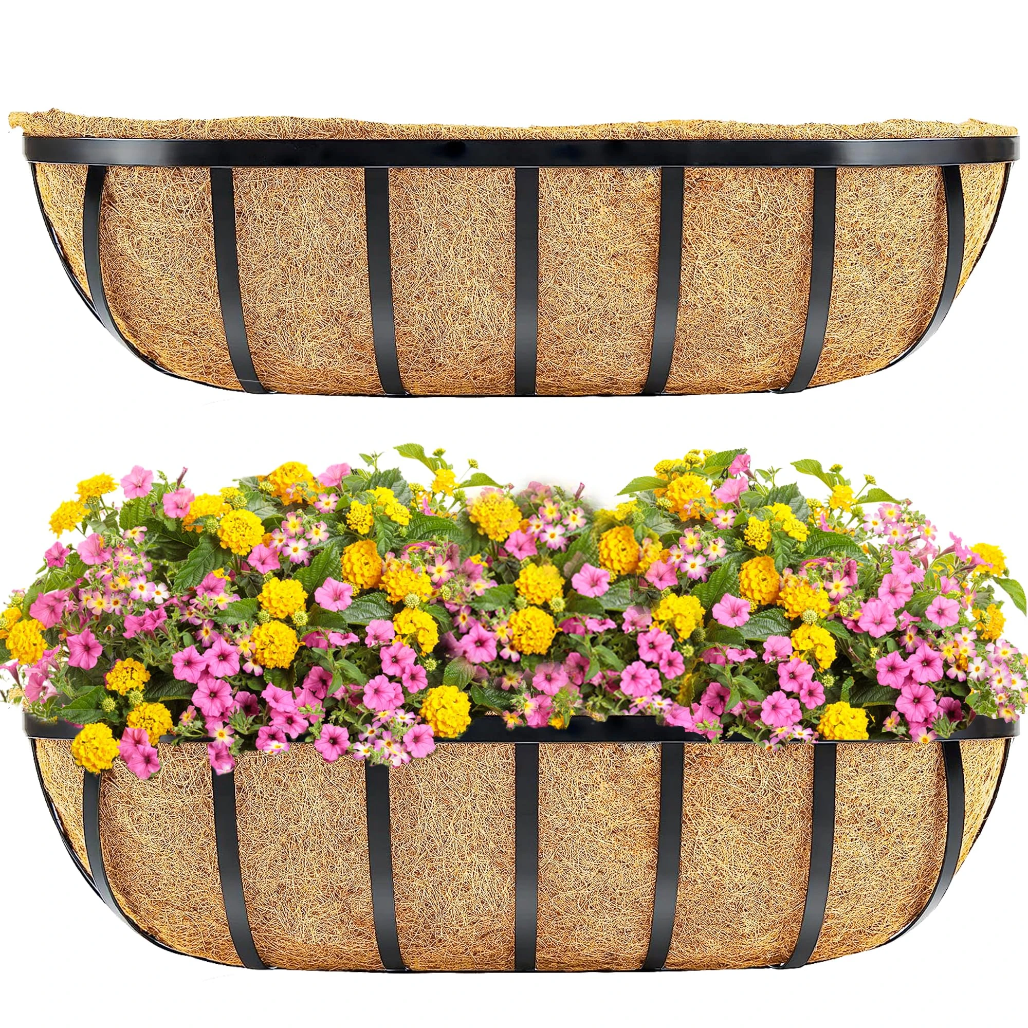 2packs 24 Inch Window Deck with Coco Liner, 24" Window Boxes Horse Trough with Coconut Coir Liner,Metal Hanging Flower Planter Window Basket Deck Railing Planter Boxes for Outdoor Indoor Lawn