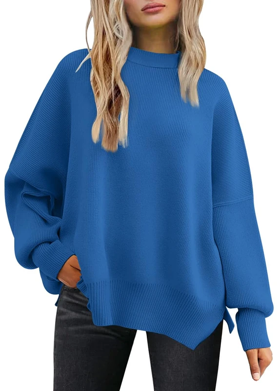 LILLUSORY Women Fall Crewneck Batwing Long Sleeve Sweater Oversized Ribbed Knit Side Slit Pullover Top, Blue, L