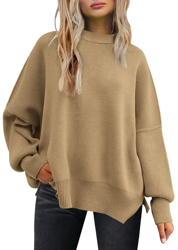 LILLUSORY Women Long Sleeve Batwing Autumn Round Neck Oversized Ribbed Knitted Pullover with Side Slit, dark khaki, M