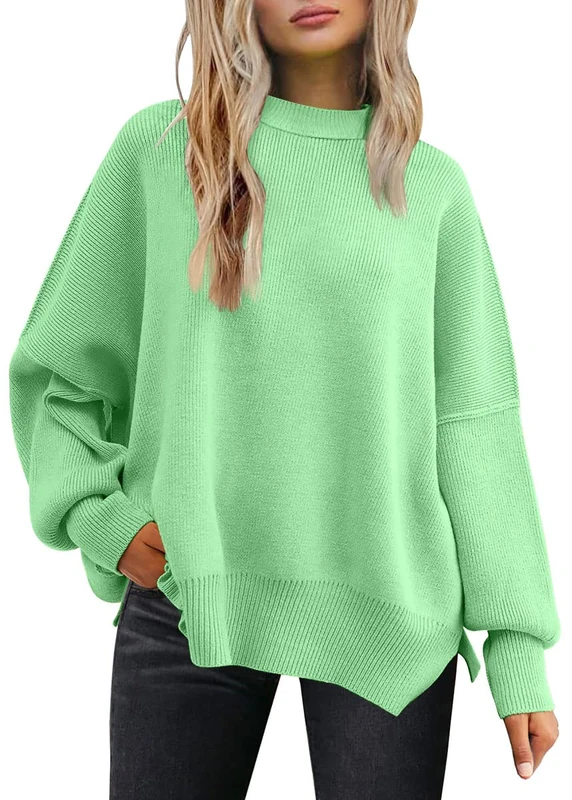 LILLUSORY Women Fall Crewneck Batwing Long Sleeve Sweater Oversized Ribbed Knit Side Slit Pullover Top, Light Green, M