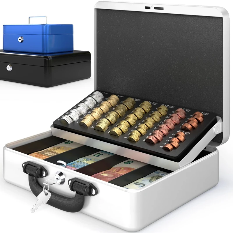 ACROPAQ Cash Box - Lockable, with Coin Counting Board, Large, 30 x 24.5 x 9 cm, with 2 Keys, Premium Housing - Cash Cash, Household Cash, White