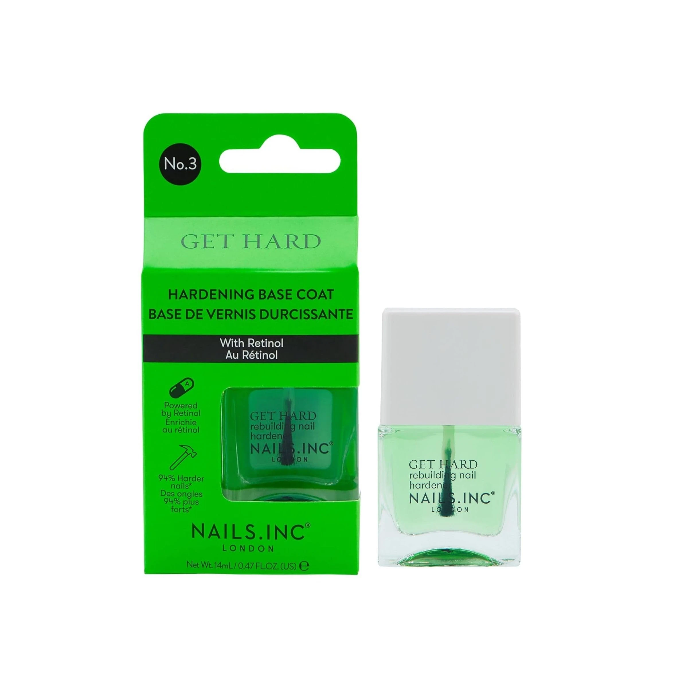 Nails.Inc Get Hard Base Coat, Hardening Base Coat Infused with Retinol, Protects and Smooths Nails, Chip Resistant, Cruelty Free, Vegan 14ml