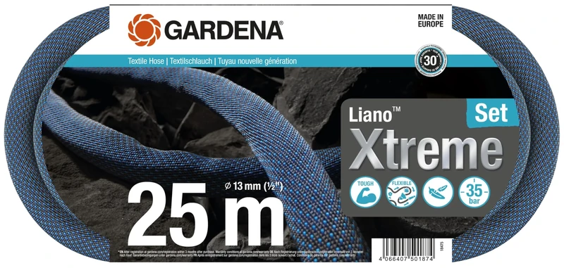 Gardena Liano Xtreme 1/2 inch, 25m set: Extremely robust textile garden hose, for indoor water taps, with PVC inner tube, lightweight, weather-resistant (18475-20)