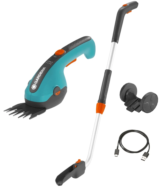 Gardena Set Forbici a Batteria per Erba ClassicCut Li: Larghezza di Taglio 8 cm, Manico telescopico con Ruote, Impugnatura Comoda con LED Stato di Carica, Cambio Lama Senza Utensili (9886-20)