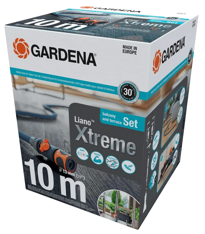 Gardena Liano Xtreme 1/2 inch, 10m + Indoor Adapter: Extremely robust textile garden hose, for indoor water taps, with PVC inner tube, lightweight, weather-resistant (18490-20)
