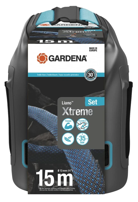 Gardena Liano Xtreme 1/2 inch, 15m + bag: Extremely robust textile garden hose, for indoor water taps, with PVC inner tube, lightweight, weather-resistant (18468-20)