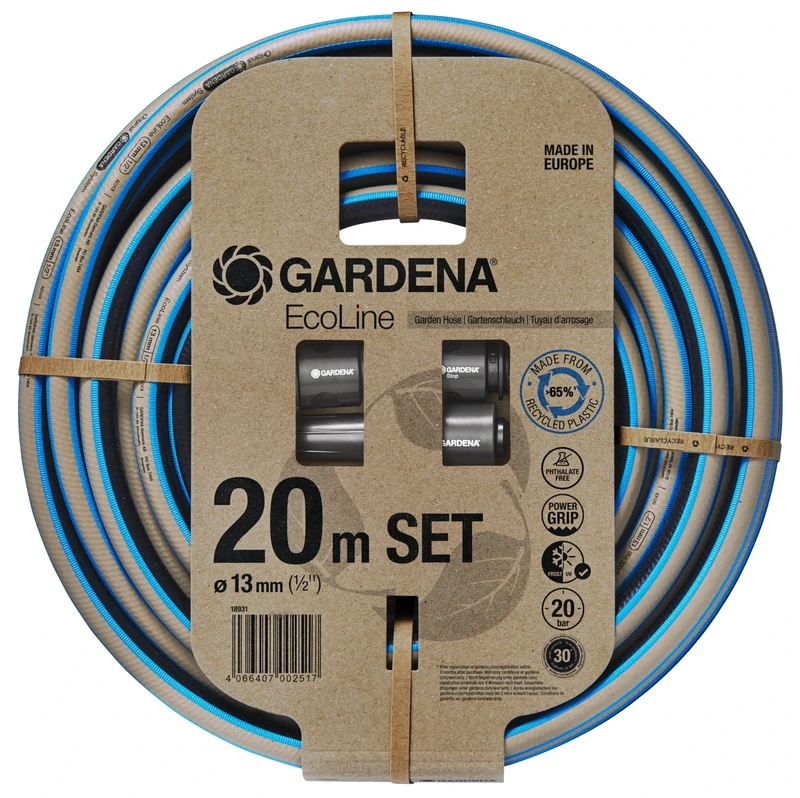 Gardena Ecoline Hose 1/2 inch, 20 m with System Parts: Sustainable Garden Hose Made from Recycled Plastic, Free of phthalates and pollutants, Power Grip, Frost- and UV-Resistant (18931-20)