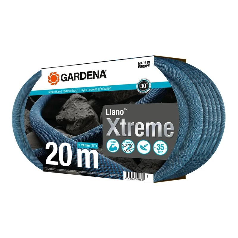 Gardena Liano Xtreme 3/4 inch, 20m set: Extremely robust textile garden hose, for indoor water taps, with PVC inner tube, lightweight, weather-resistant (18480-20) (Package may vary)