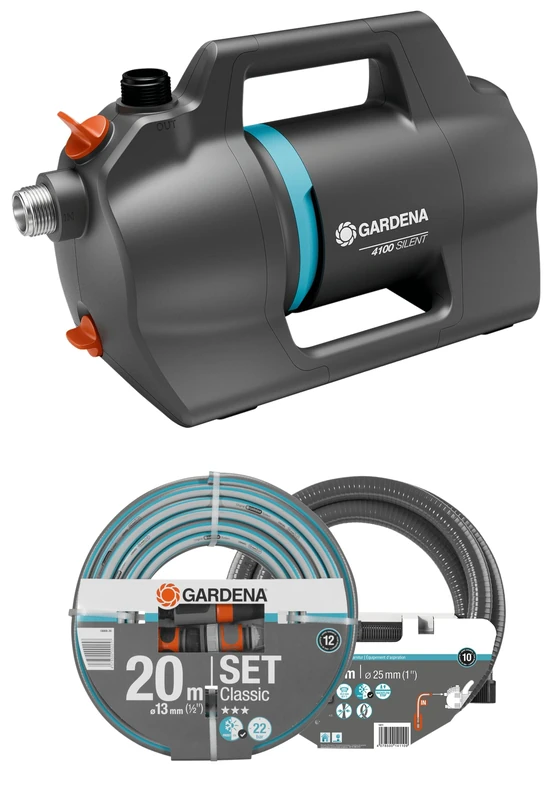 Gardena Garden Pump 4200 Silent Set: Very quiet, innovative irrigation pump with 3.5 m suction kit and classic 20 m hose, flow rate 4200 l/h, 600 W motor, waterproof, energy-efficient (9055-20)