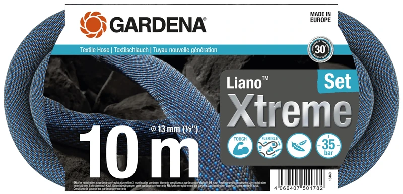 Gardena Liano Xtreme 1/2 inch, 10 m set: Extremely robust textile garden hose, for indoor water taps, with PVC inner tube, lightweight, weather-resistant (18460-20)