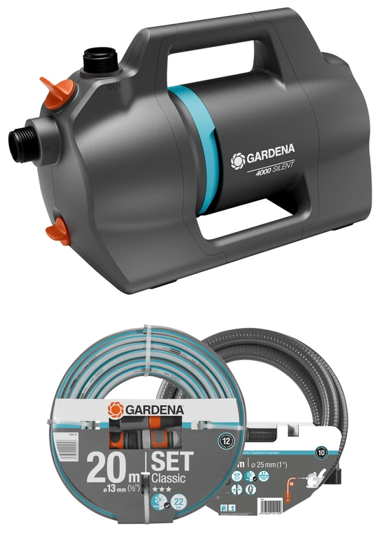 Gardena Garden Pump 4100 Silent Set: Very Quiet, Innovative Irrigation Pump with 3.5 m Suction kit and Classic 20 m Hose, Flow Rate 4100 l/h, 550 W Motor, Waterproof, Energy-efficient (9051-20)