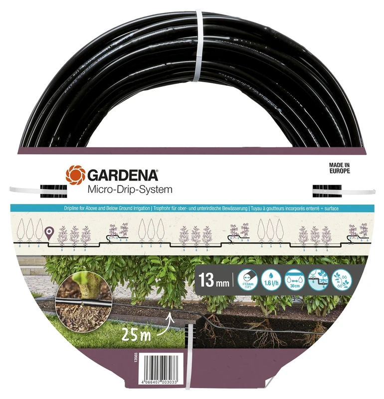 Gardena Micro-Drip-System Irrigation Line 1.6 l/h, above-ground and underground (25 m): Extension pipe for water-saving irrigation system, simple & flexible connection technology (13503-20)