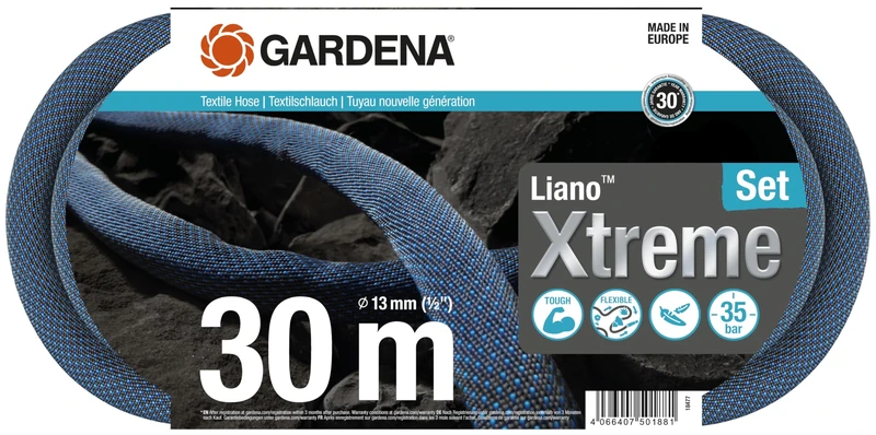 Gardena Liano Xtreme 1/2 inch, 30m set: Extremely robust textile garden hose, for indoor water taps, with PVC inner tube, lightweight, weather-resistant (18477-20)