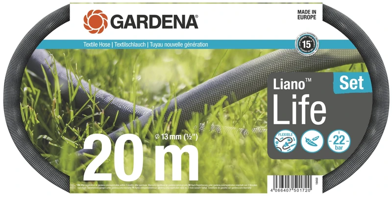 Gardena Liano Life Textile Hose 1/2 inch, 20m: Highly flexible textile garden hose, with PVC inner tube, no kinking, lightweight, weather-resistant (18450-20)
