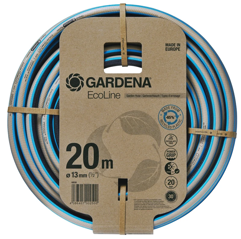 Gardena EcoLine Hose 1/2 inch, 20 m without system parts: sustainable garden hose made from recycled plastic, free of phthalates and pollutants, Power Grip, frost- and UV-resistant (18930-20)