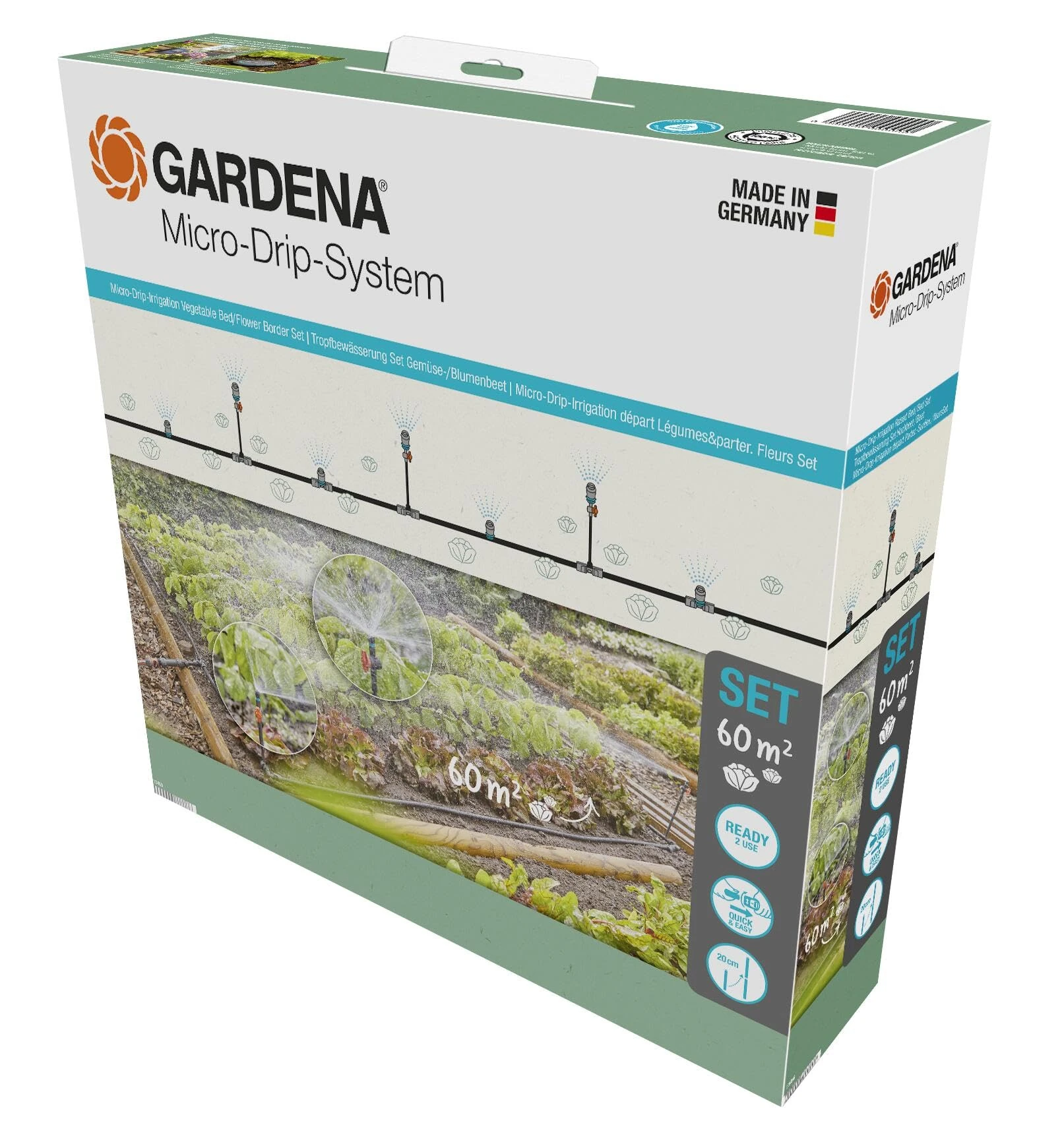 Gardena Micro-Drip-System Drip Irrigation Set Vegetable/Flower Bed (60 m²): Starter set, ready to use, water-saving irrigation system, simple & flexible connection technology (13450-20)