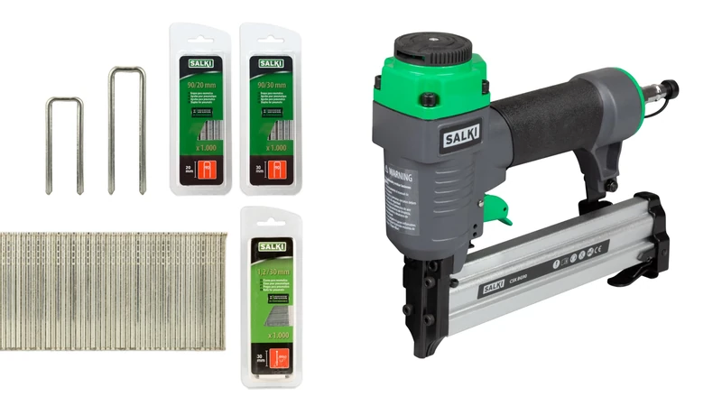 SALKI | CSK BG90 Nailer/Stapler Pack + Staple 90-30 mm + Brad AX 30 mm and Staple 90-20 mm | Pneumatic Nail Gun and Pneumatic Stapler | Perfect for Woodworking, Cabinetmaking and DIY