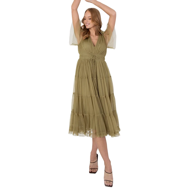 Anaya with Love Women's Womens Midi for Ladies Tiered V Neckline Short Sleeve Frilly Cord Wedding Guest Eveni Dress, Olive, 28 UK