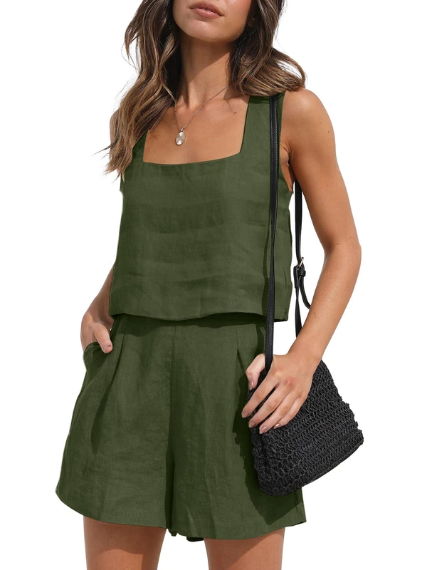 AUTOMET Womens 2 Piece Outfits Lounge Matching Sets Two Piece Linen Shorts Crop Tops 2023 Trendy Clothes Summer Vacation Set, Armygreen, S