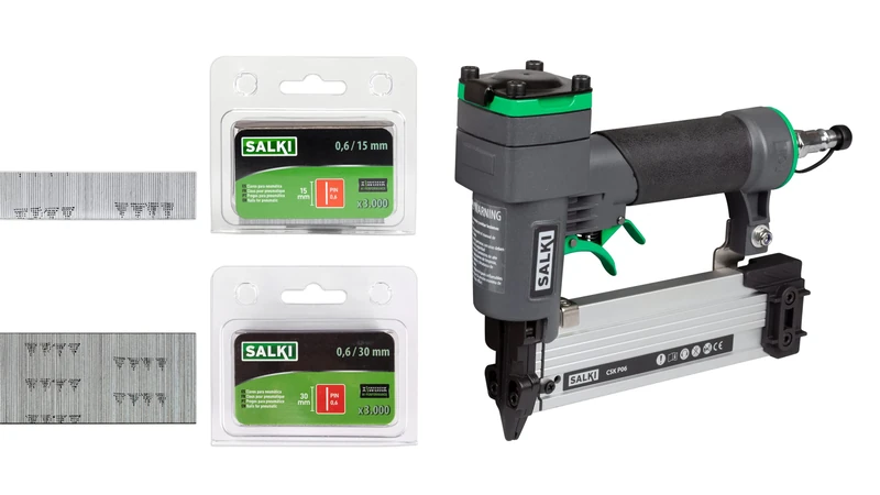 SALKI | CSK P06 Pneumatic Stapler Pack + Blister Pack Salki Pin 0.6 | 15 mm and 30 mm | Pneumatic Nailer | Stapler for Woodworking