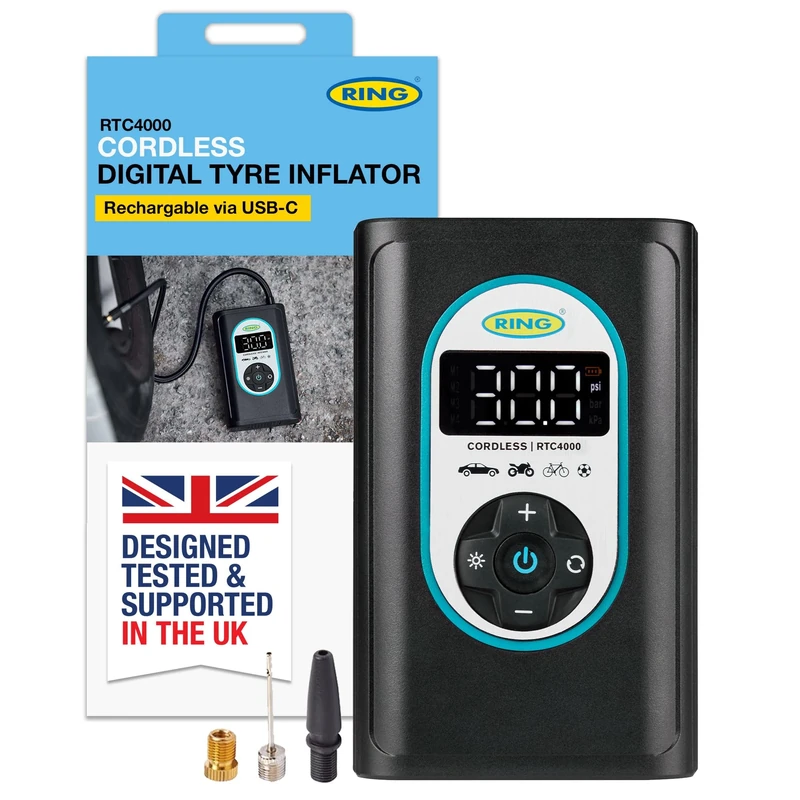 RING TYREINFLATE GO 4 Cordless Digital Tyre Inflator Air Compressor: Rechargeable & Powerful - Measures in PSI, BAR & kPA