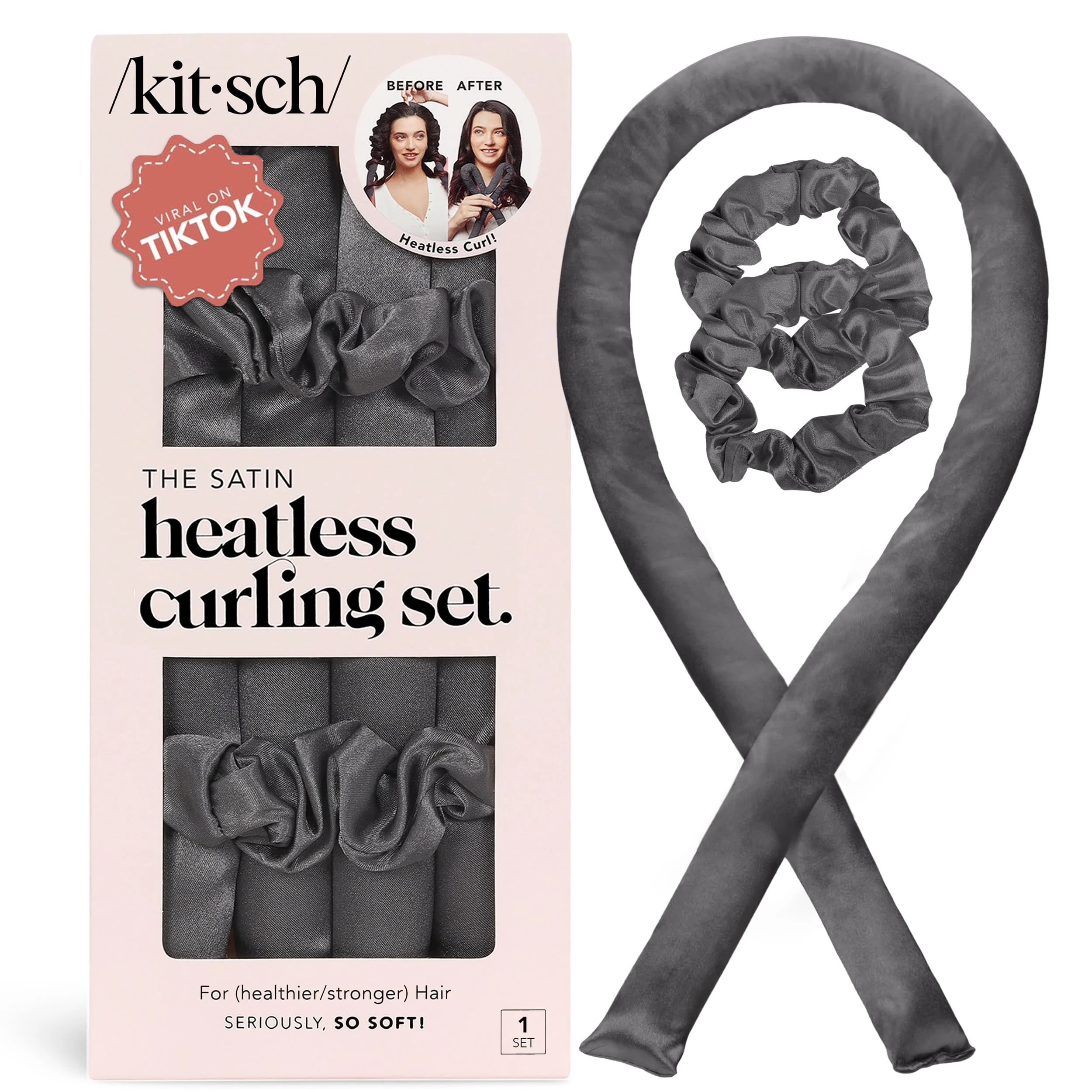 Kitsch Heatless Curling Set - Satin Heatless Curlers for Long & Short Hair, Hair Curler No Heat for Heatless Curls, Overnight Curls with 2 Satin Scrunchies & 34" Blowout Rod - Charcoal