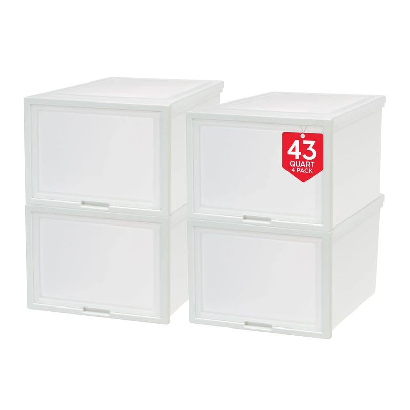 IRIS USA 42 Qt. Large Stackable Storage System for Clothes, Plastic Dresser Chest with Flip-Up Door, Great for Closet, Home, Office, Bedroom, White, 4-Pack