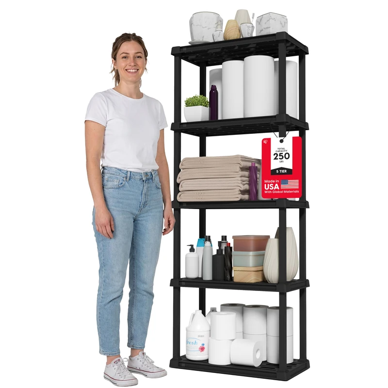 IRIS USA 5-Tier Heavy Duty Plastic Shelving Unit, 64" Tall - 40lbs per Shelf, Modular Garage Rack Storage Organizer for Home, Basement, Laundry & Utility Room, 12" D x 24" W x 64" H - Black