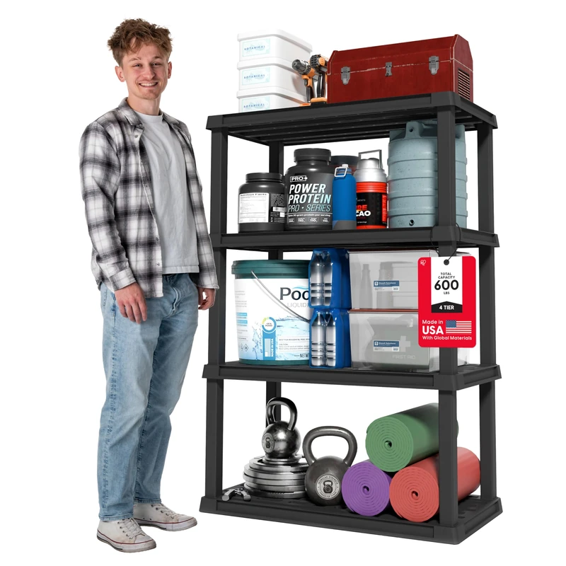 IRIS USA 4-Tier Heavy Duty Shelving Unit, 142cm Tall - 45kg per Shelf, Modular Garage Rack Storage Organizer for Home, Basement, Laundry & Utility Room, 45 D x 91 W x 142 H (cm) - Black