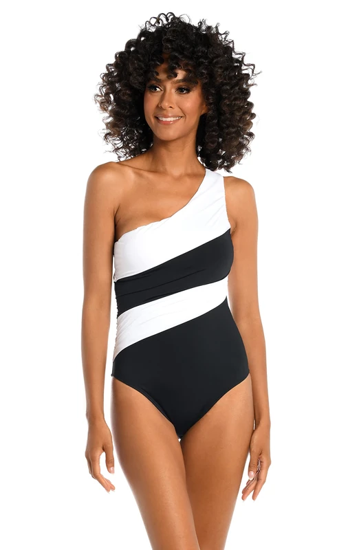 La Blanca Women's Island Goddess-Traje Baño de UNA Pieza Con Un Hombro One Piece Swimsuit, Black White, 10