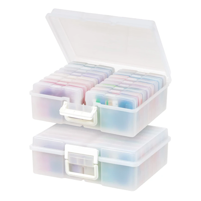 IRIS USA 4"x 6" Photo Storage Box Container Keeper Organizer, 2-Pack, Main Container with 16 Organization Cases for Pictures Crafts Scrapbooking Stationery, Protection and Organization, Pearl