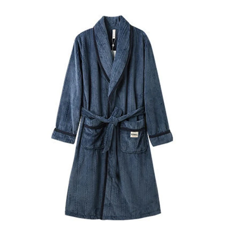 LCHYG Men's Shawl Collar Thicken Fleece Nightgown Big and Tall Long Bathrobe Homewear Spa Robe,Blue,M