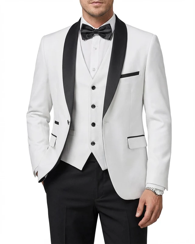 Hihawk Mens 3 Piece Tuxedo Set with Bow Tie, One Button Shawl Lapel Jacket Vest Pants, Slim Fit Suit Party Wedding Prom Tux, Black Collar White, XL
