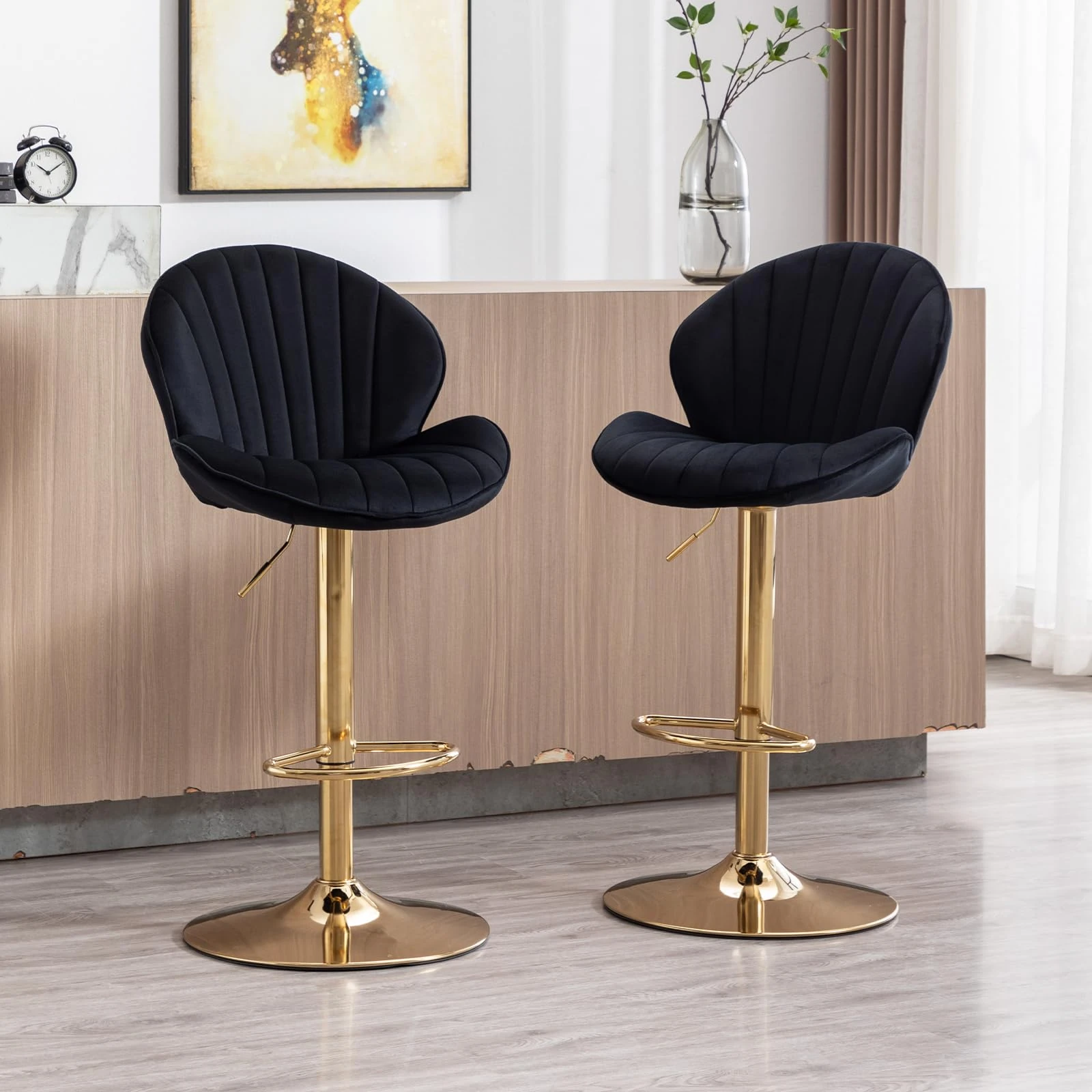 chairus Swivel Bar Stool Set of 2 Velvet Breakfast High Stools Armless Kitchen Counter Stools with Footres (Black-2)