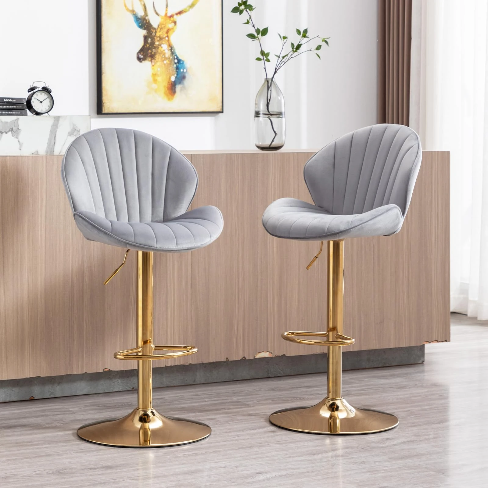 chairus Swivel Bar Stool Set of 2 Velvet Breakfast High Stools Armless Kitchen Counter Stools with Footres (Gray-2)