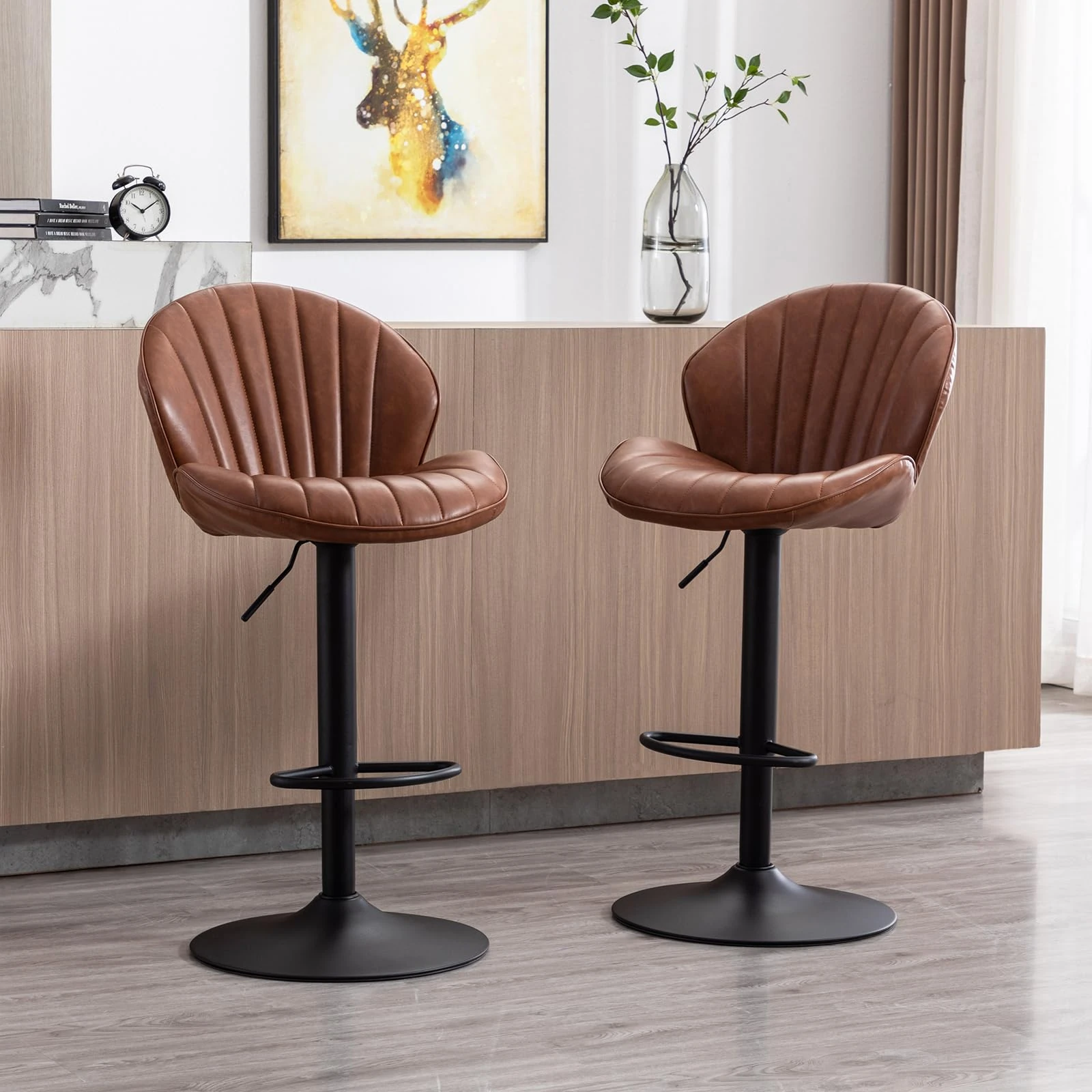 chairus Swivel Bar Stool Set of 2 PU Leather Breakfast High Stools Armless Kitchen Counter Stools with Footrest (Brown-2)