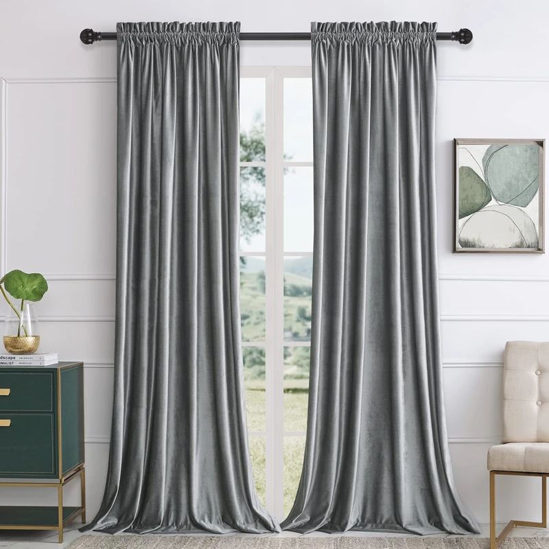 Gray Velvet Curtains 120 inches for Living Room Luxury Room Darkening Curtain Dark Grey Elegant Bedroom Thermal Insulated Modern Heavy Thick Soft Soundproof Rod Pocket Window Drapes Set of 2 Panels