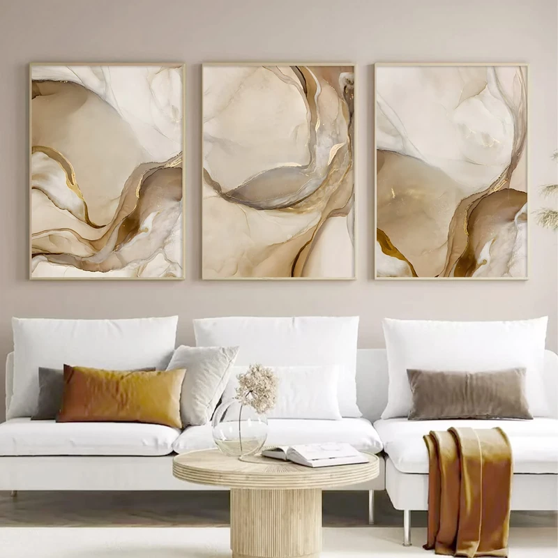Ecyanlv Abstract Marble Canvas Wall Art Modern Abstract Art Prints Brown and Gold Marble Wall Art Abstract Pictures Wall Decor Beige Canvas Painting for Bathroom Decor 16x24inchX3 Frameless