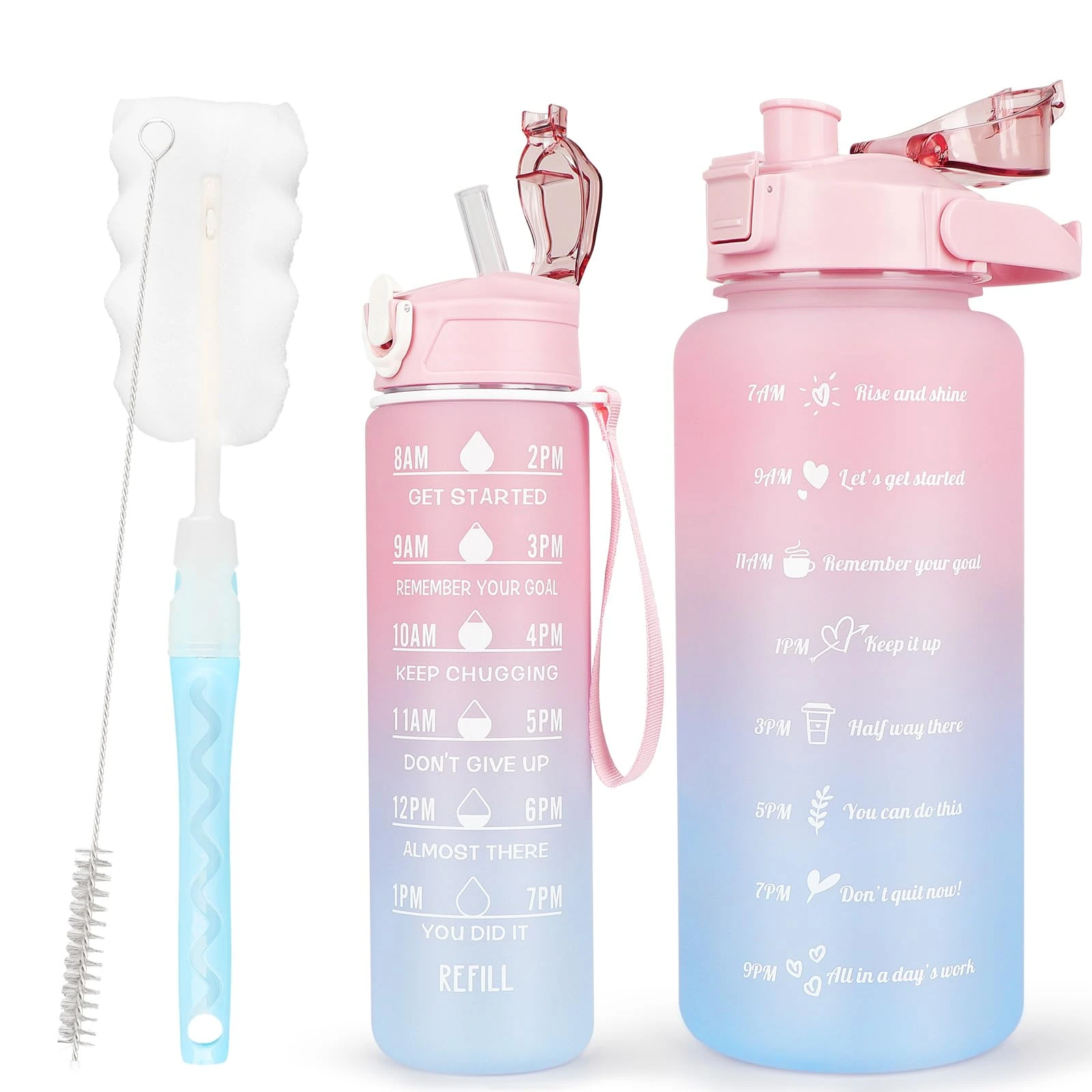 2 Pack Water Bottles BPA Free 2L+750ml, Sport Water Bottle with Time Marking & Straw,2 Liters Gym Drinks Bottle with Brush, Large Motivational Water Jug for Aduluts Women, Time Marker Canteen Bottle