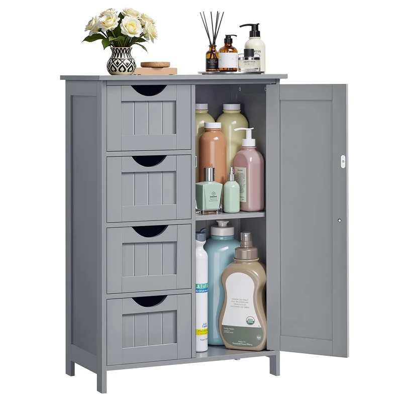 VASAGLE Bathroom Floor Storage Cabinet, Bathroom Storage Unit with 4 Drawers, Bathroom Cabinet Freestanding, with 1 Door, Adjustable Shelf, 30 x 55 x 82 cm, Mystic Grey LHC041P36